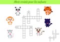 Crossword for kids in French with pictures of animals. Educational game for study French language and words. Children activity