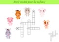 Crossword for kids in French with pictures of animals. Educational game for study French language and words. Children activity