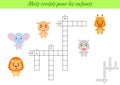 Crossword for kids in French with pictures of animals. Educational game for study French language and words. Children activity