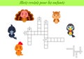 Crossword for kids in French with pictures of birds. Educational game for study French language and words. Children activity