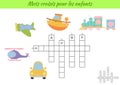 Crossword for kids in French with pictures of transport. Educational game for study French language and words. Children activity