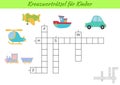 Crossword for kids in German with pictures of transport. Educational game for study German language and words. Children activity