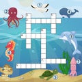 Crossword kids magazine book puzzle game of sea underwater ocean fish and animals logical worksheet colorful printable Illu Royalty Free Stock Photo