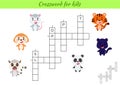 Crossword for kids with pictures of animals. Educational game for study English language and words. Children activity printable