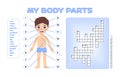 Crossword puzzle and cartoon brunette boy for studying anatomy and biology, for kids. Page from workbook for exercises with