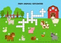 Crossword puzzle for kids with cute farm animals.