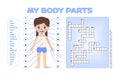 Crossword puzzle of my body parts and Beautiful girl in underwear on white background. Educational game for children. Worksheet