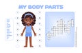 Crossword puzzle about my body parts and Cute African Black girl. Intellectual game on anatomy and biology for kids. Workpage to