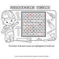 Crossword puzzle for Preschool Children. Set of household tools. Coloring book for kids