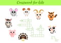 Crosswords game of animals for children with pictures. Kids activity worksheet colorful printable version. Educational game for Royalty Free Stock Photo