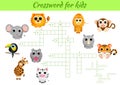 Crosswords game of animals for children with pictures. Kids activity worksheet colorful printable version. Educational game for Royalty Free Stock Photo