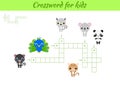 Crosswords game of animals for children with pictures. Kids activity worksheet colorful printable version. Educational game for Royalty Free Stock Photo