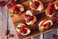 Crostini appetizers with apples, cranberries and brie, above on a wooden platter Royalty Free Stock Photo