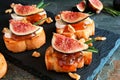 Crostini appetizers with figs, brie cheese and nuts, close up against dark slate Royalty Free Stock Photo