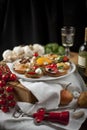 Crostini and bruschetta with cheese, pears, persimmon and honey Royalty Free Stock Photo