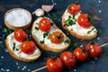 Crostini with cottage cheese and grilled tomatoes Royalty Free Stock Photo