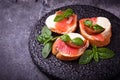 Crostini with salmon, mozarella, tomato and basil Royalty Free Stock Photo