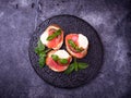 Crostini with salmon, mozarella, tomato and basil Royalty Free Stock Photo