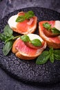 Crostini with salmon, mozarella, tomato and basil Royalty Free Stock Photo