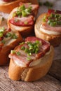 Crostini sandwiches with bacon and cheese macro on the table. ve Royalty Free Stock Photo