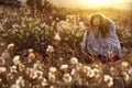 Crouched young girl on a field in flower during sunset