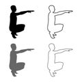 Crouching Man doing exercises crouches squat Sport action male Workout silhouette side view icon set grey black color