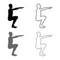 Crouching Man doing exercises crouches squat Sport action male Workout silhouette side view icon set grey black color