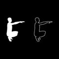 Crouching Man doing exercises crouches squat Sport action male Workout silhouette side view icon set white color illustration