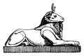 Crouching Ram Head Sphinx has a head of a ram and the body of a lion, vintage engraving