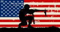 Crouching soldier illustration and US grunge flag Royalty Free Stock Photo