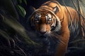 Crouching tiger. The tiger sneaks up on prey. head close up - Generative AI