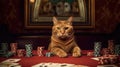 A croupier cat sits at a playing table in a