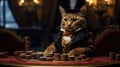 A croupier cat in a suit sits at a playing