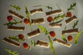 Croutons, arugula and tomatoes on a light background