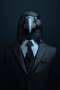 Crow in black suit half - length frontal view