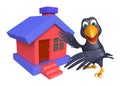 Crow cartoon character with home