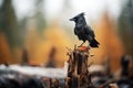 crow cawing atop a decrepit forest post Royalty Free Stock Photo