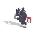 The crow dances and holds a box with a gift. Cartoon vector illustration isolated on white background with shadow