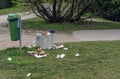 crow eating garbage from a trash bin and doing mess in the public park.