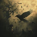 a crow flying over a cemetery Royalty Free Stock Photo