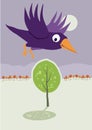 Crow flying over tree. Vector cartoon landscape. Royalty Free Stock Photo