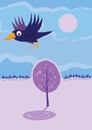Crow flying over tree. Vector cartoon landscape. Royalty Free Stock Photo