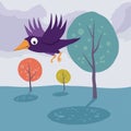 Crow flying over tree. Vector cartoon landscape. Royalty Free Stock Photo