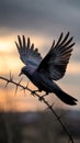 Crow Landing on Thorny Branch Against Sunset Sky Royalty Free Stock Photo