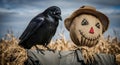 A Crow Perched on a Scarecrow in a Harvest Field Royalty Free Stock Photo