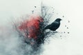 A Crow Perched On A Surreal, Half-Red, Half-Grey Tree With Small Birds Flying Around Royalty Free Stock Photo