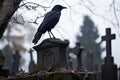 a crow perched on a tombstone in an abandoned graveyard