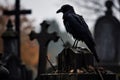 a crow perched on a tombstone in an abandoned graveyard Royalty Free Stock Photo