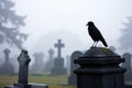 a crow perched on a tombstone with fog in the background Royalty Free Stock Photo