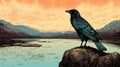 Crow On Rock: Detailed Comic Book Art Illustration